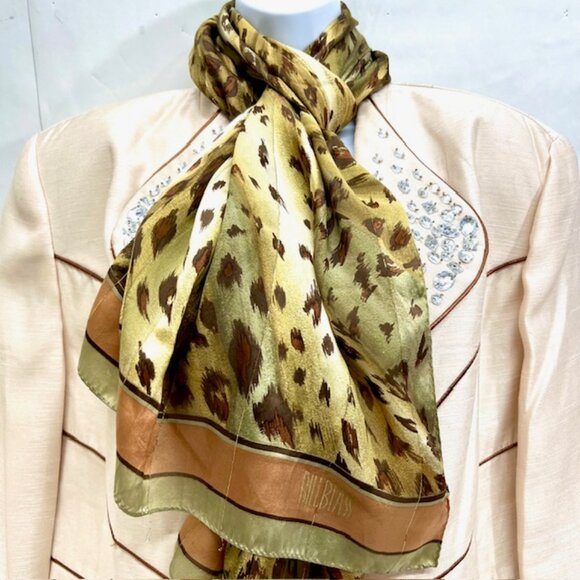BillBlass 100% silk chiffon, green olive  gold leapard crectangle, size 64x32(48 - Picture 3 of 8